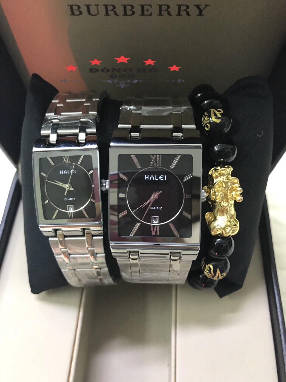 Cặp Đồng hồ Nam nữ  Halei mặt vuông dây thép thời thượng  TẶNG 1 vòng tỳ hưu phong thủy  Dây trắng mặt đen