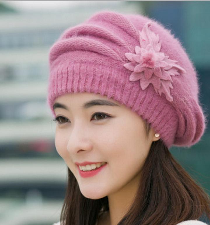 Mũ nồi len lông thỏ găn hoa đơn phong cách Hàn, mũ len nữ, mũ bere nữ, mũ nồi len