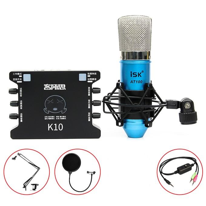 Combo bộ mic livestream hát karaoke thu âm micro isk at100 card k10 dây ma2 chân màng lọc âm