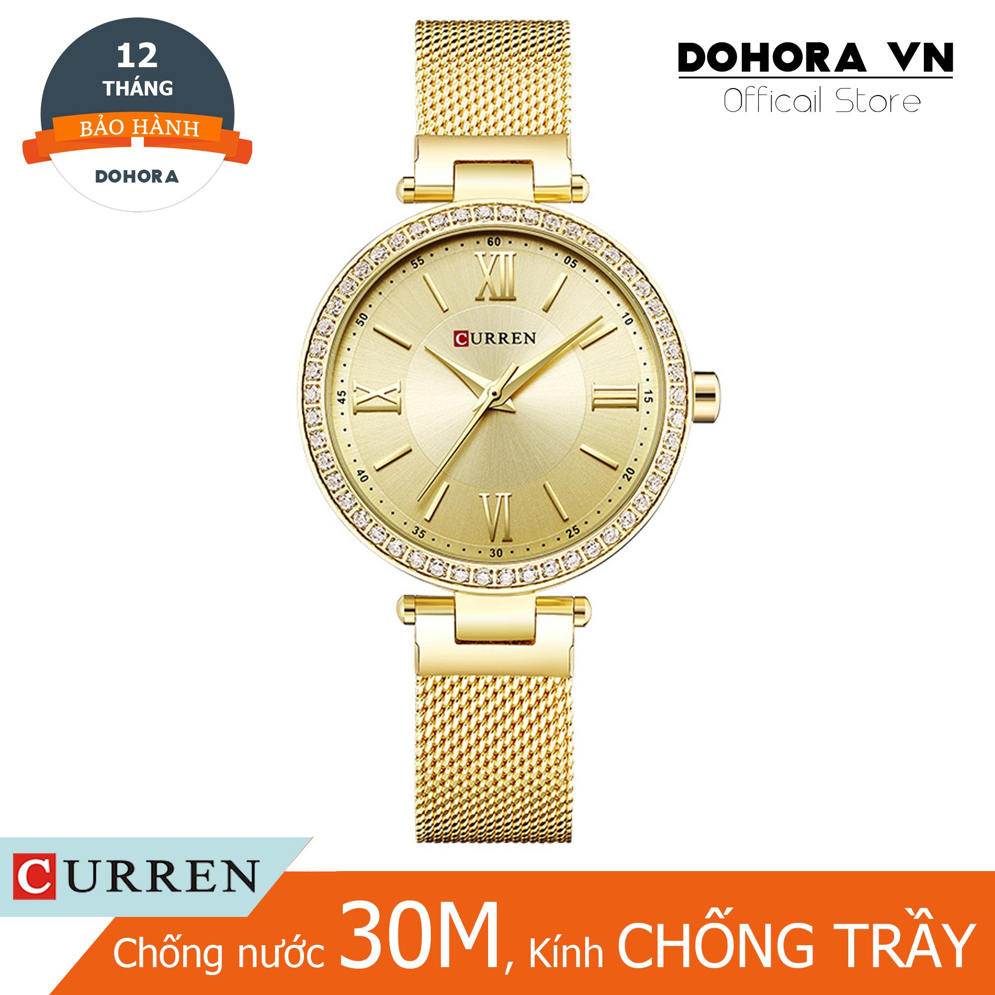 Đồng hồ nữ viền đá thạch anh Curren DO2 mặt kính Sapphire chống nước 30m dây thép không gỉ