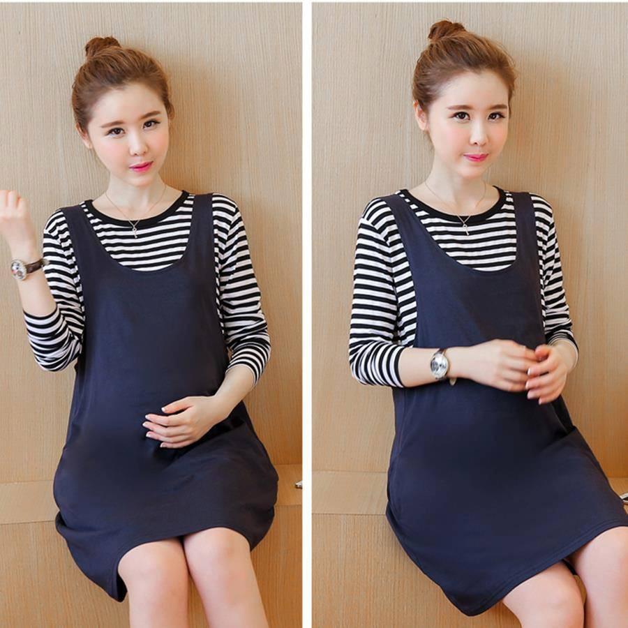 Sét Yếm bầu suông xanh than kèm áo kẻ_MYC1082