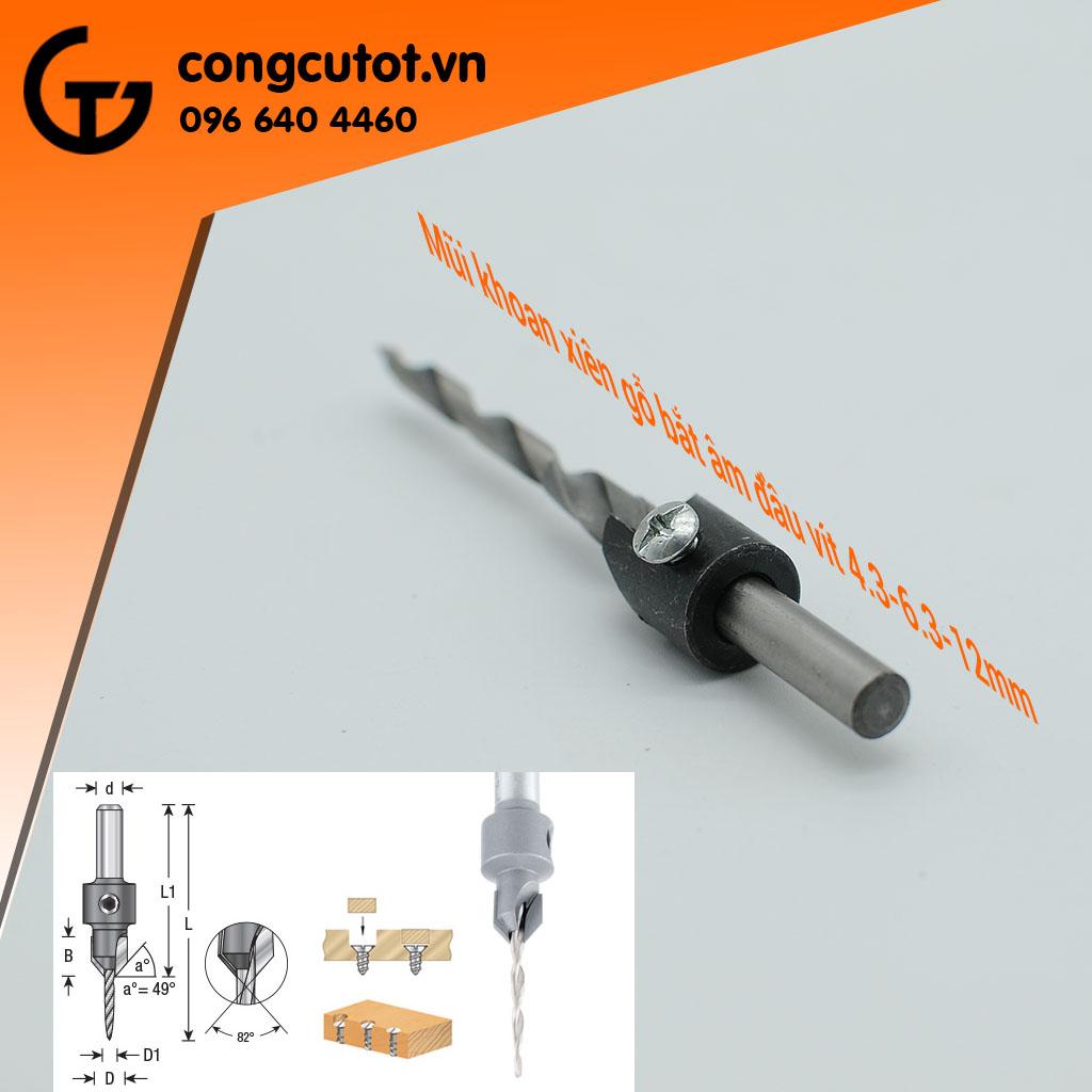 Mũi khoan xiên gỗ bắt âm đầu vít 4.3-6.3-12mm