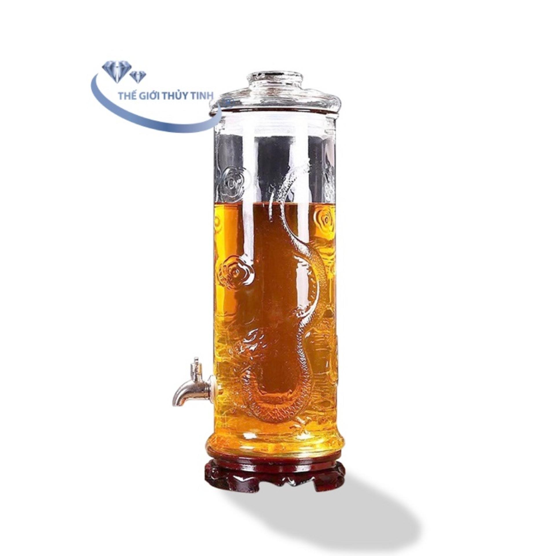 [HCM][TẶNG QUÀ] Bình Ngâm Rượu Sâm Thủy Tinh 15 Lít Dáng Trụ Hoa Văn Rồng - Có Van