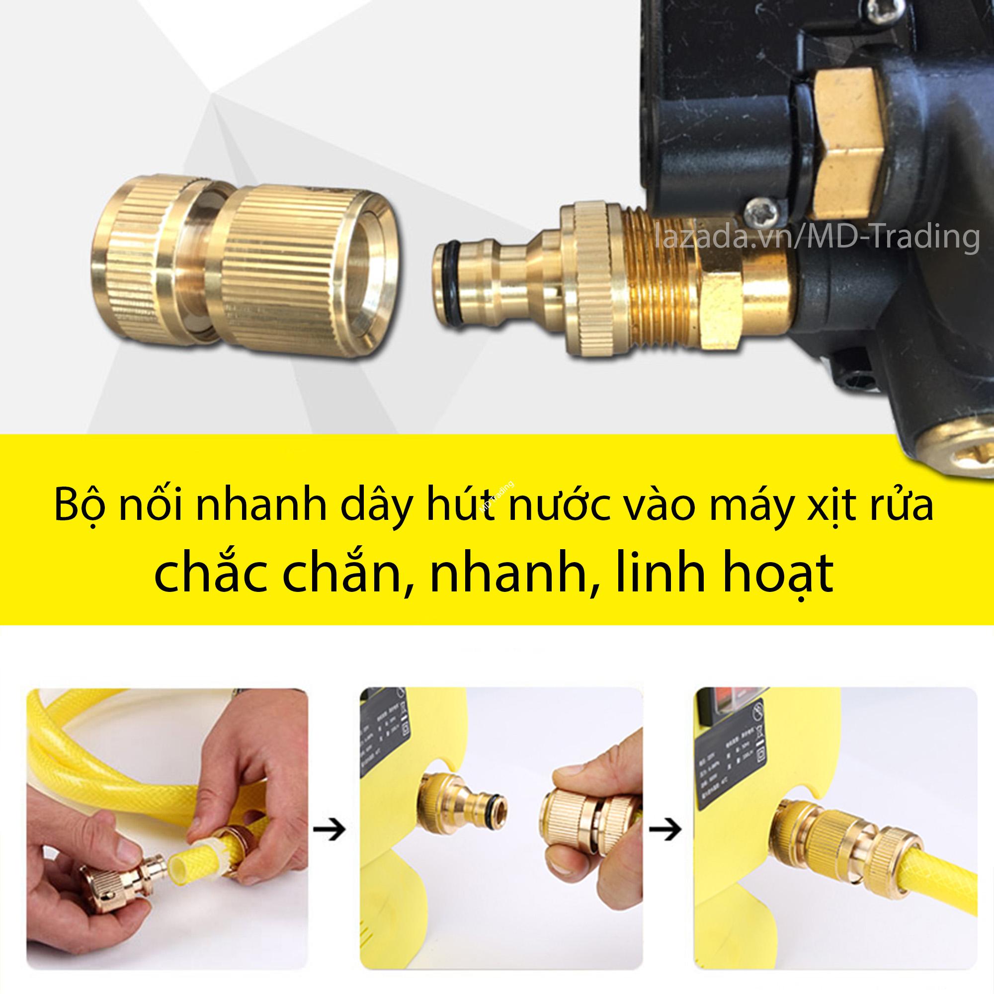 Bộ đầu nối nhanh ống hút nước vào máy HIROMA đời 2018, bộ nối nhanh đầu vào máy xịt rửa cao áp, bộ nối bằng đồng chắc, phù hợp với đa số máy xịt rửa áp lực cao, máy rửa xe cao áp, phụ kiện nối nhanh đường nước vào, kết nối vô cùng nhanh