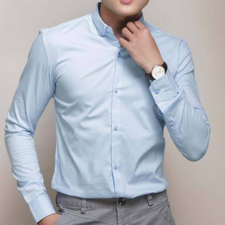 Áo Sơ mi nam màu xanh nhạt dáng body hàn không nhăn