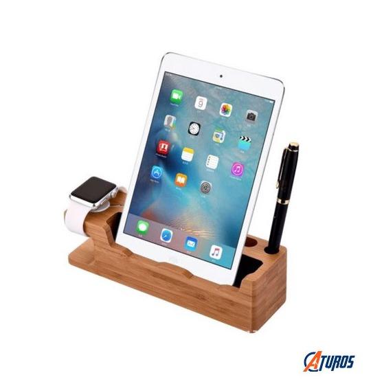 Dock đế sạc gỗ kèm giá đỡ đa năng cho iPhone, iPad, Apple Watch, Android kèm khe gắn bút và để Name card- Aturos N2W