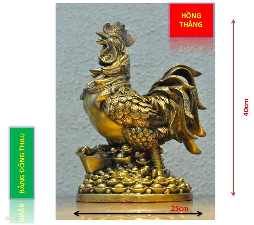 Tượng Gà Trống đồng - Chất liệu đồng thau cao 40cm nặng 5600g + Tặng xâu tiền lục đế (linh vật phong thuỷ cấm tiệt thói trăng hoa)