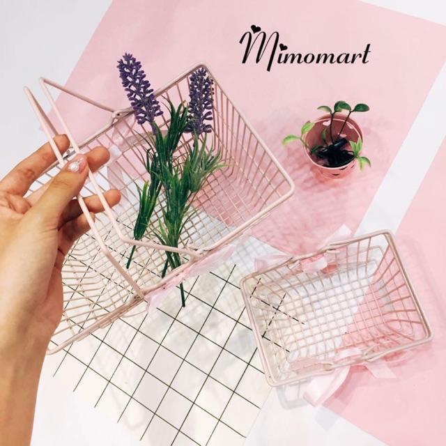 Giỏ đựng đồ thắt nơ hồng bằng sắt không rỉ màu hồng pastel phụ kiện chụp ảnh trang trí cửa hàng xinh xắn Mimoquatangphukien