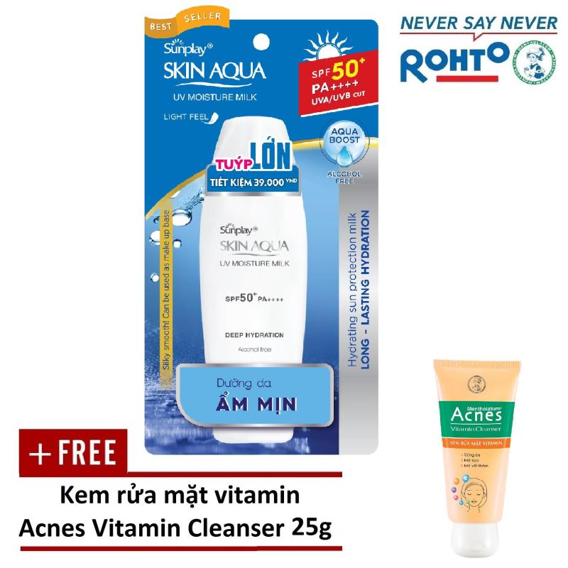 Sữa chống nắng hằng ngày dưỡng da giữ ẩm Sunplay Skin Aqua UV Moisture SPF50+ PA+++ 70g - Tặng Kem rửa mặt Acnes Vitamin Cleanser 25g cao cấp
