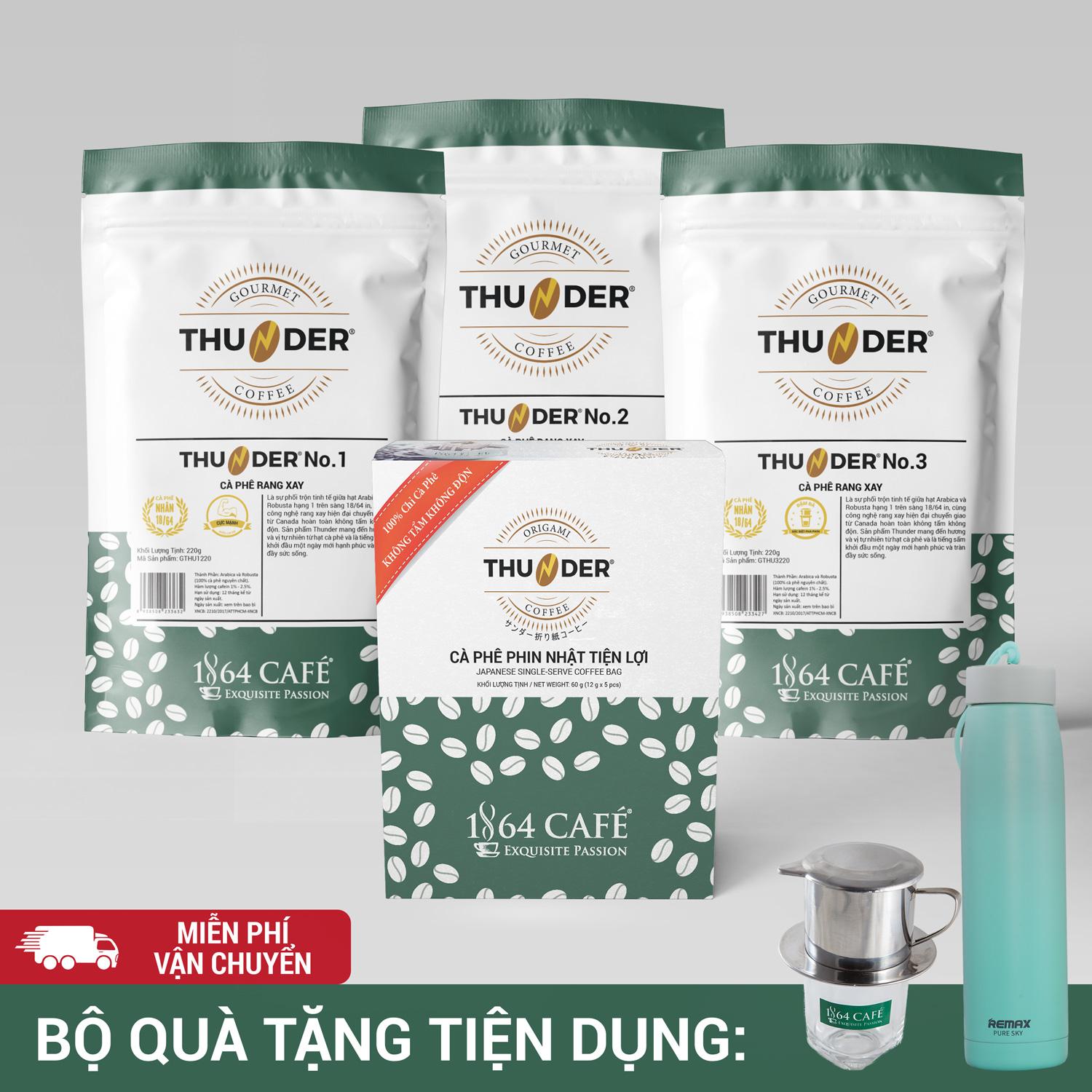 Cà phê bột rang xay thunder no.1, no.2, no.3 tổng trọng lượng 660g + 01 hộp cà phê doanh nhân + qùa tặng bình giữ nhiệt remax, phin inox, ly thủy tinh – 1864 café®