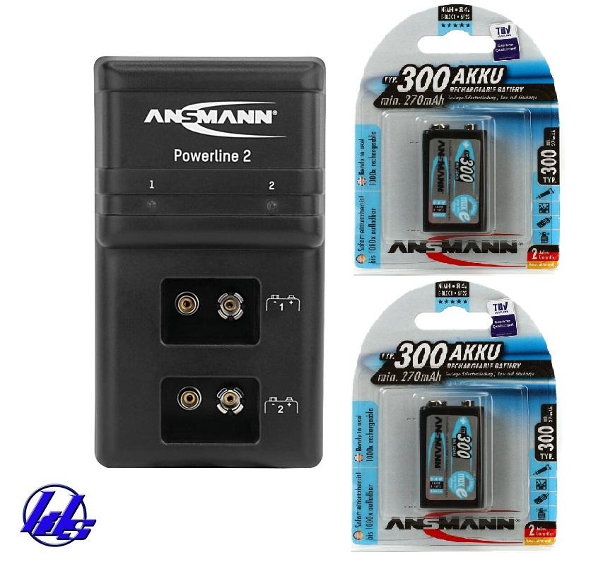 Bộ sạc pin vuông Ansmann Powerline 2 kèm 2 pin sạc 9V Ansmann 300mAh