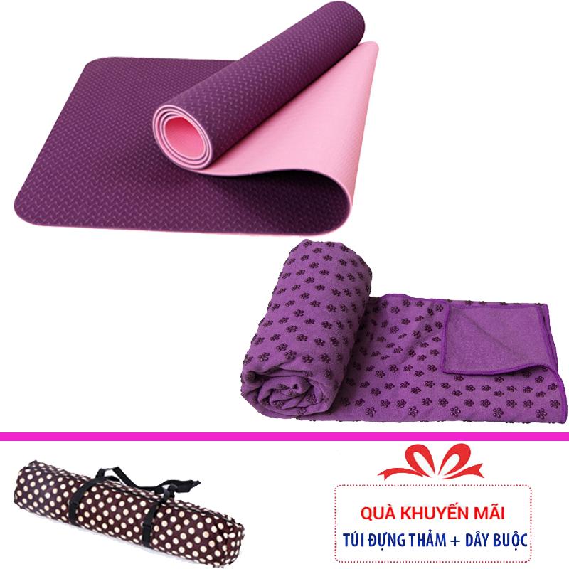 Combo Thảm tập yoga TPE 6mm 1 lớp + Khăn trải thảm yoga (Tặng túi đựng thảm và dây buộc)