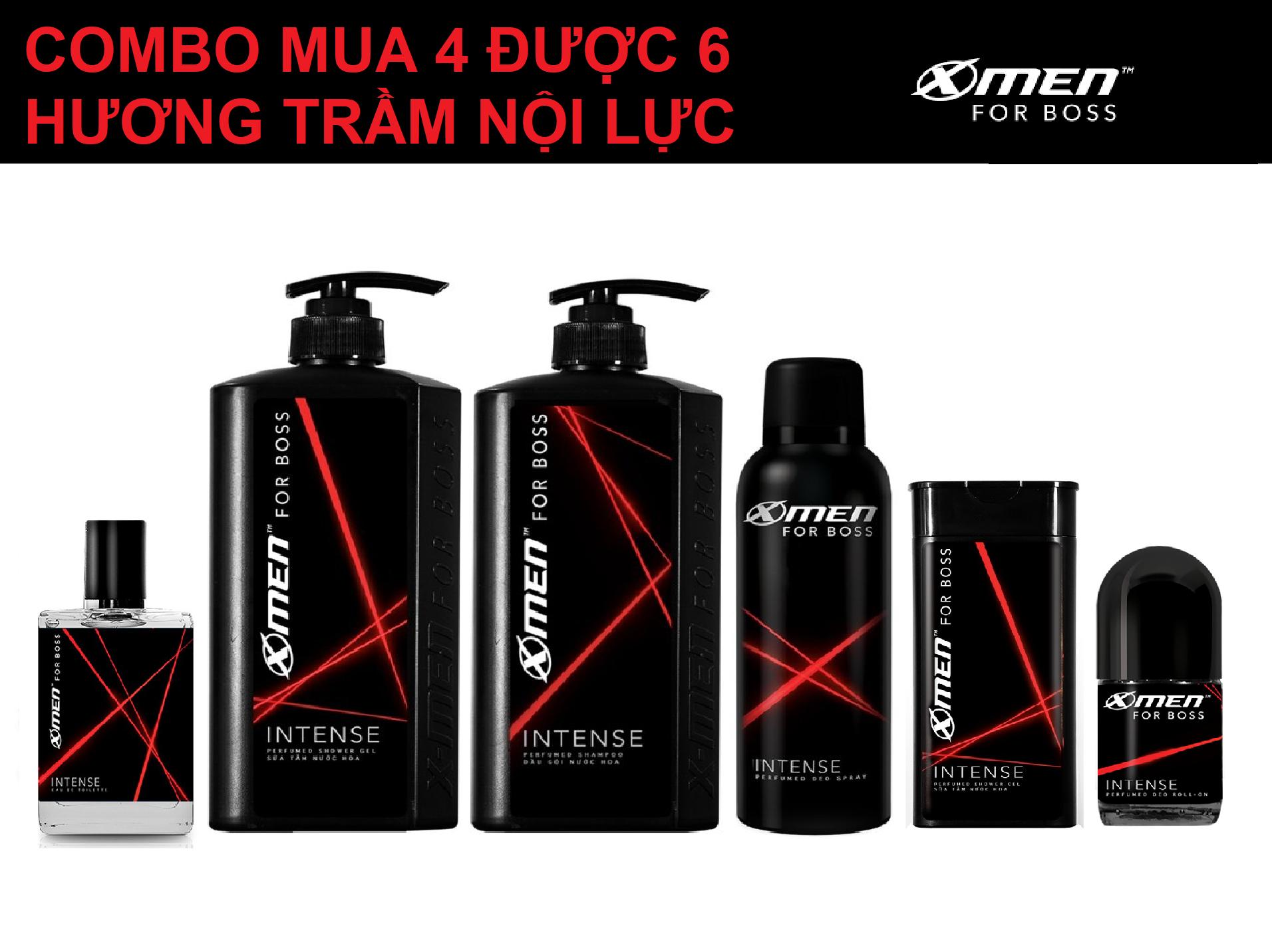 Combo Xmen for bos Intense Nước hoa 50ml, Xịt toàn thân 150ml, Dầu gội 650g, Sữa tắm 650g, Lăn khử mùi 50ml