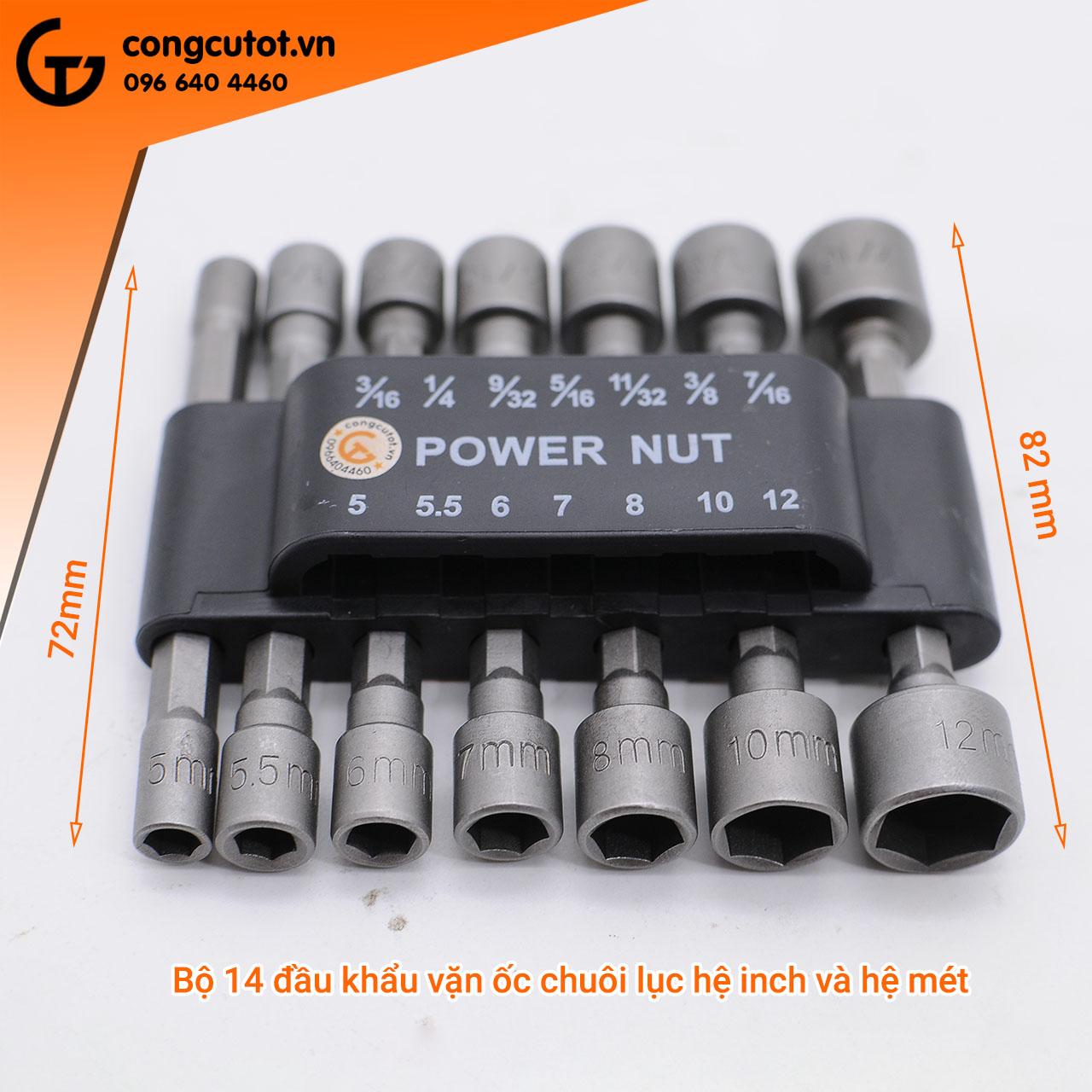 Bộ khẩu vặn ốc chuôi lục 14 chi tiết hệ inch và hệ mét 5-12mm