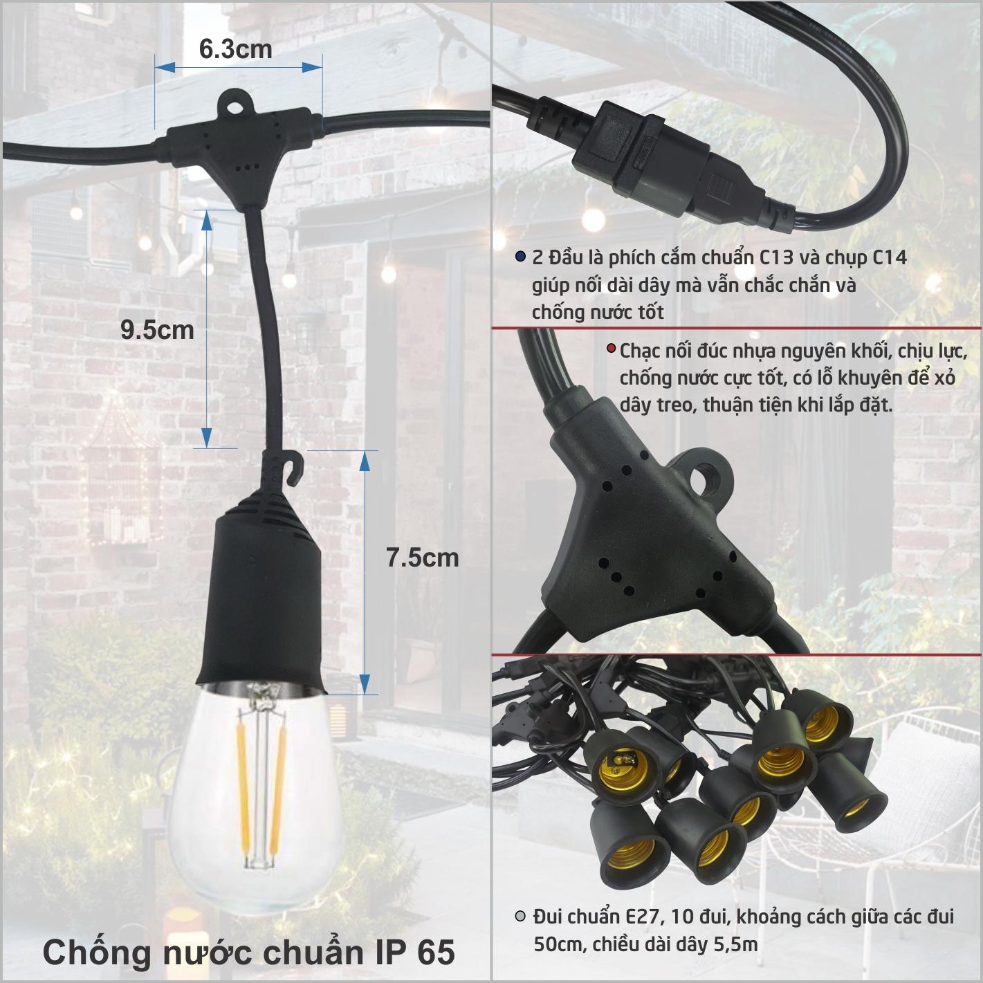 Dây đèn kín nước thả ngoài trời 5 mét 10 đui đèn E27 - không kèm bóng + dây nguồn đa năng 1,8m chịu tải 2500W