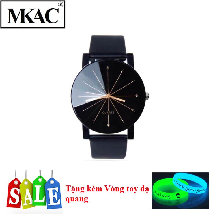 [HCM]Đồng hồ nam dây giả da kính chiếu 3D (Đen kim vàng) + Tặng Vòng tay dạ quang phát sáng