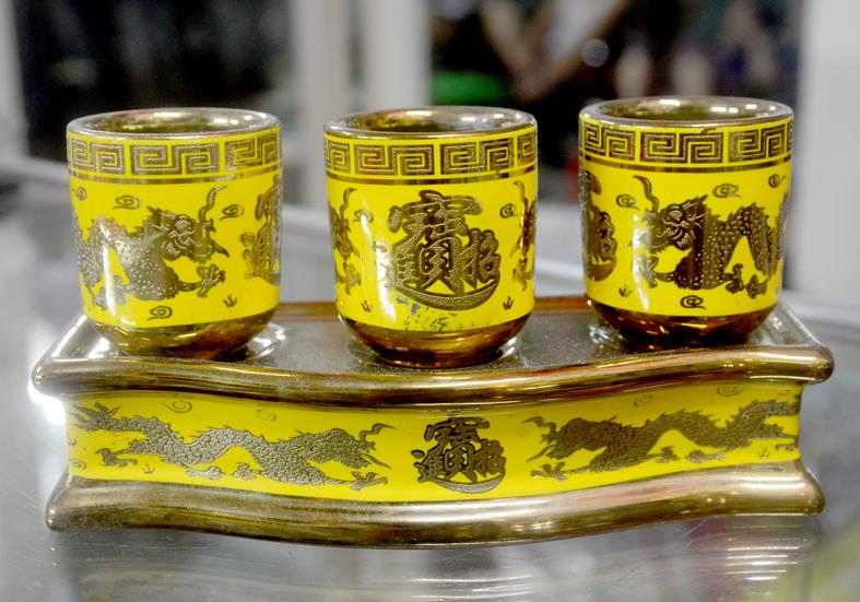 [HCM]Án ba 3d-Bộ ba ly nước thờ cúng rồng vàng 3D