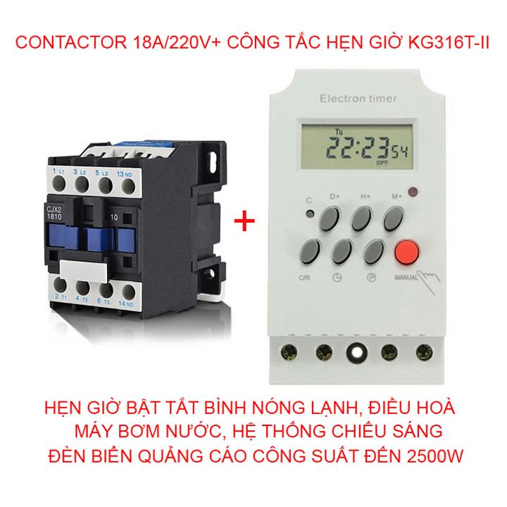 Combo Bộ công tắc hẹn giờ KG316 t-II + contactor 18a/220V bật tắt thiết bị điện công suất đến 2500W