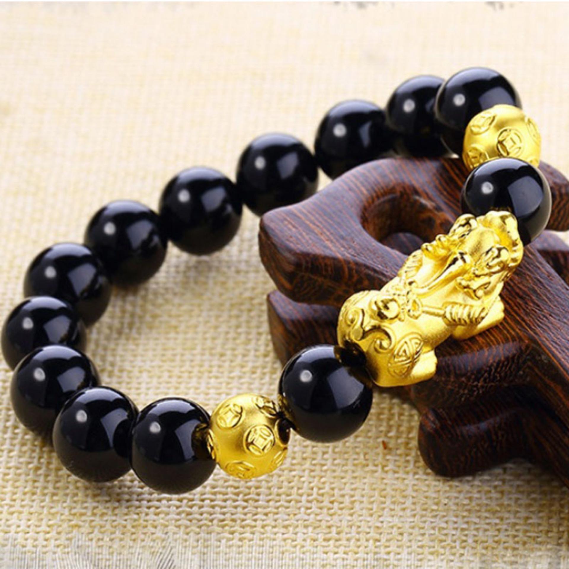 Mã não đen mix tỳ hưu vàng 24k (vòng đeo tay phong thủy)