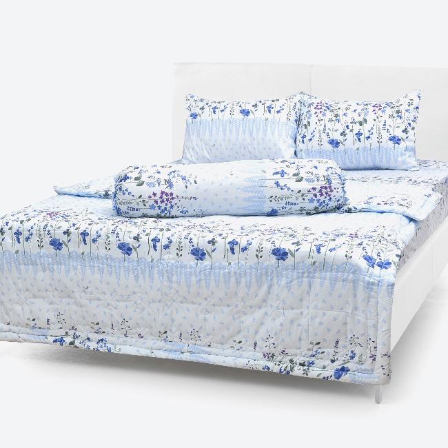 [HỖ TRỢ PHÍ SHIP] Bộ Drap Cotton chuẩn vải Thắng Lợi 5 món (kèm mền), áo gối chần gòn, mẫu hoa nhí xanh 1m6/1m8/1m2/1m4
