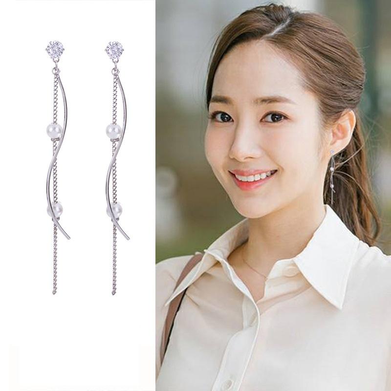 Bông tai Thư Kí Kim bạc s925 tua dài song nước đính đá và hạt ngọc trai