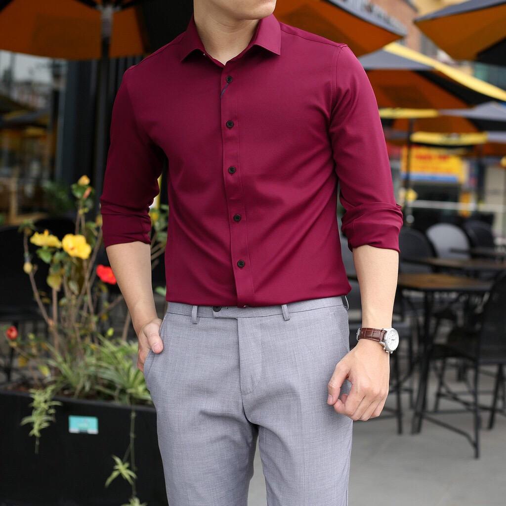 Áo sơ mi nam vải Lụa Thái cao cấp, Sơ mi nam Màu Đỏ Đô
