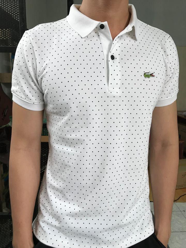 Áo Thun nam có cổ Cá Sấu Màu Trắng Chấm bi, Áo Phông nam cổ bẻ Cá Sấu Màu Trắng
