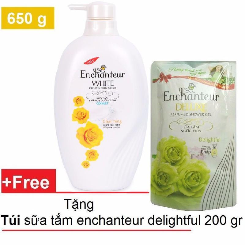 Sữa tắm trắng và dưỡng ẩm có hạt 650 g - charming + - túi sữa tắm 200 g enchanter vàng