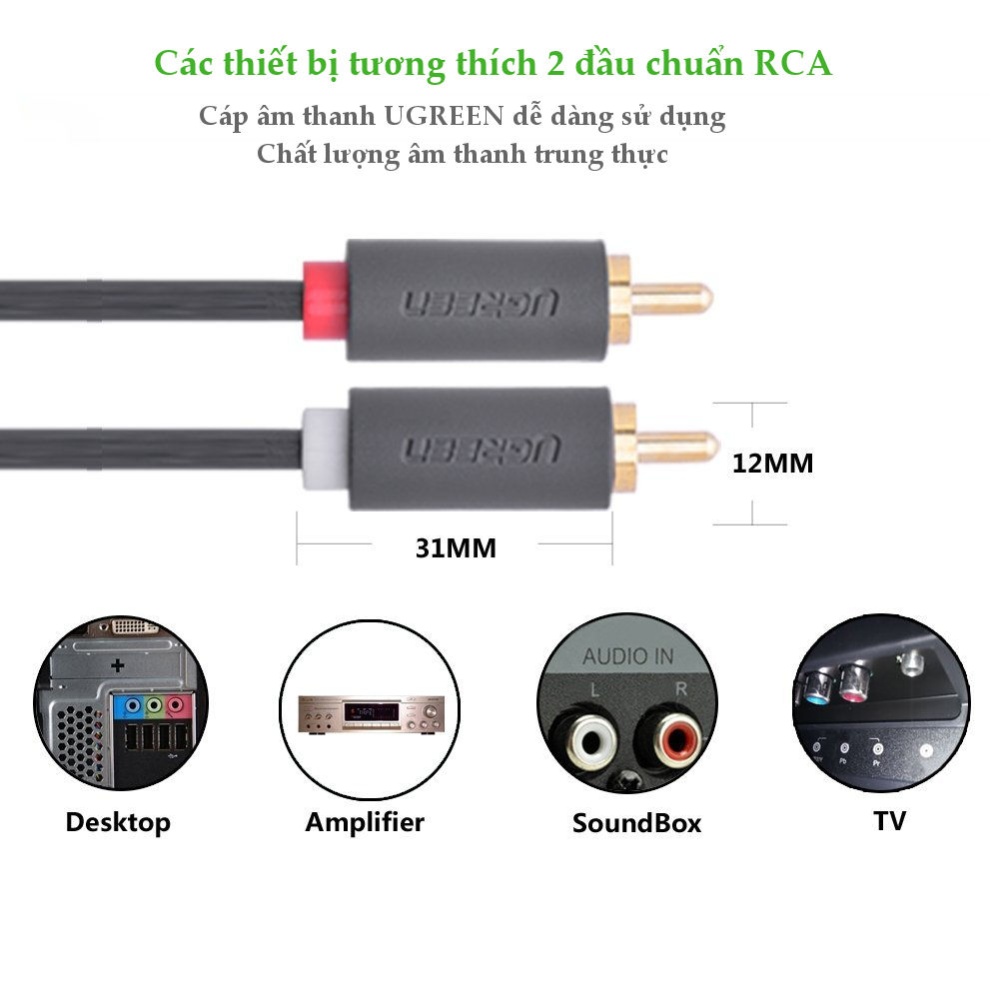 Cáp chuyển âm thanh jack 3.5mm cái sang 2 đầu hoa sen RCA đực UGREEN AV111 Cáp chuyển âm thanh jack 3.5mm cái sang 2 đầu hoa sen RCA đực UGREEN AV111