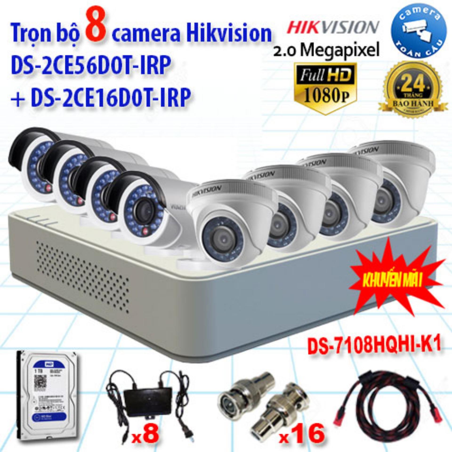 Trọn bộ 8 camera hikvision ds-2ce56d0t-irp +ds-2ce16d0t-irp + ds-7108hqhi-k1