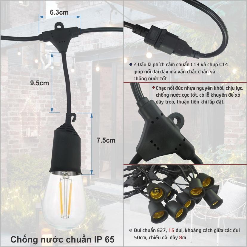 Dây đèn kín nước thả ngoài trời 7,5 mét 15 đui đèn E27 - không kèm bóng + dây nguồn đa năng 1,8m chịu tải 2500W