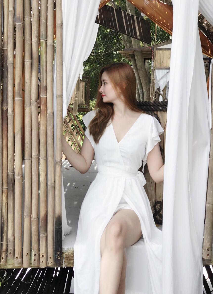 [HCM]Đầm maxi cổ V xéo tay con xẻ tà cá tính kết hợp bèo chân