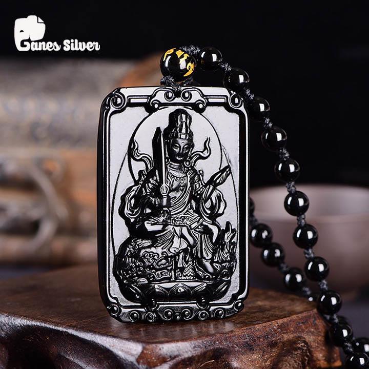 Mặt Dây Chuyền Văn Thù Bồ Tát Bản Vuông Chất Liệu Đá Obsidian Cao Cấp - Thương Hiệu Ganes Silver
