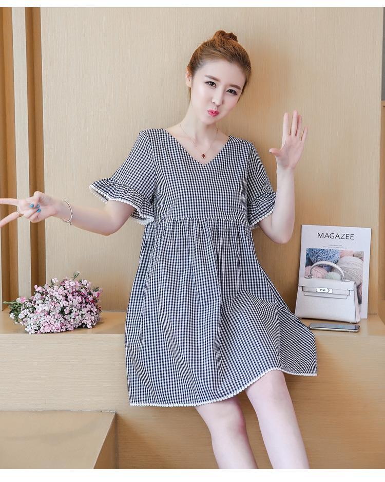 Đầm bầu váy bầu kẻ caro đen dây chéo 1228