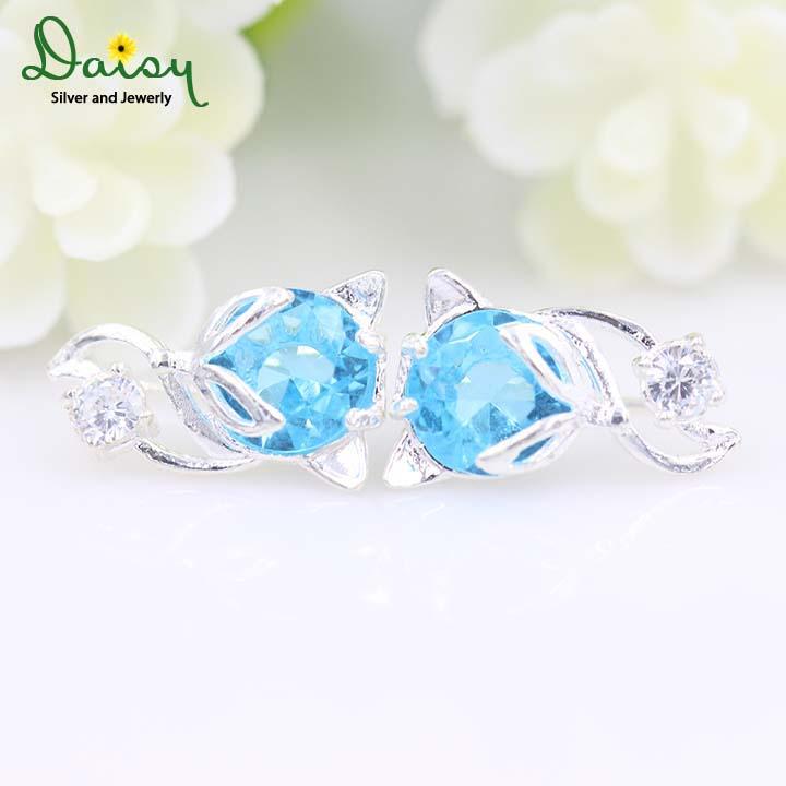 Hoa tai bạc, khuyên tai bạc, bông tai bạc nữ, bông tai đẹp cho nữ, bông tai bạc hồ ly nữ mix đá xanh chất liệu bạc ta thương hiệu daisy jewelry