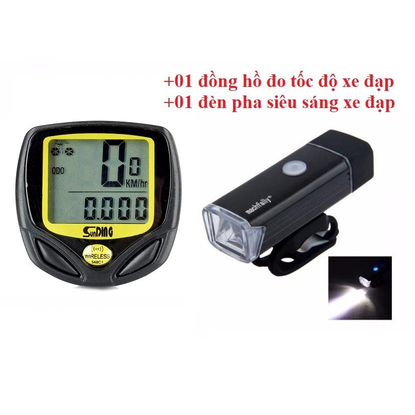 Combo xe đạp Đồng hồ tốc độ xe đạp không dây SunDing 548C và  Đèn pha siêu sáng cho xe đạp