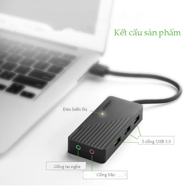 Hub USB 3 cổng 3.0 kèm 2 đầu mic và tai nghe cho âm thanh ngoài UGREEN CR134 Hub USB 3 cổng 3.0 kèm 2 đầu mic và tai nghe cho âm thanh ngoài UGREEN CR134