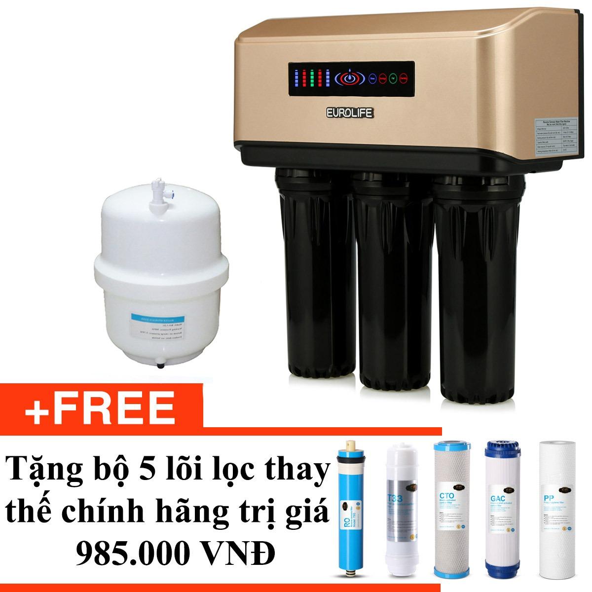 [Trả góp 0%]Máy lọc nước RO 5 cấp lọc uống trực tiếp có đèn báo thay lõi Eurolife EL-RO-600H (Đen vàng) + Tặng bộ 5 lõi lọc thay thế