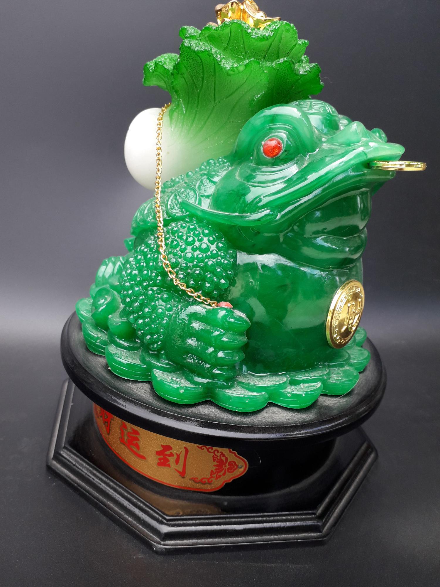 CÓC NGẬM TIỀN  cõng bắp cải THIỀM THỪ BỘT ĐÁ chiêu tài lộc 24 cm MẦU XANH- xanh