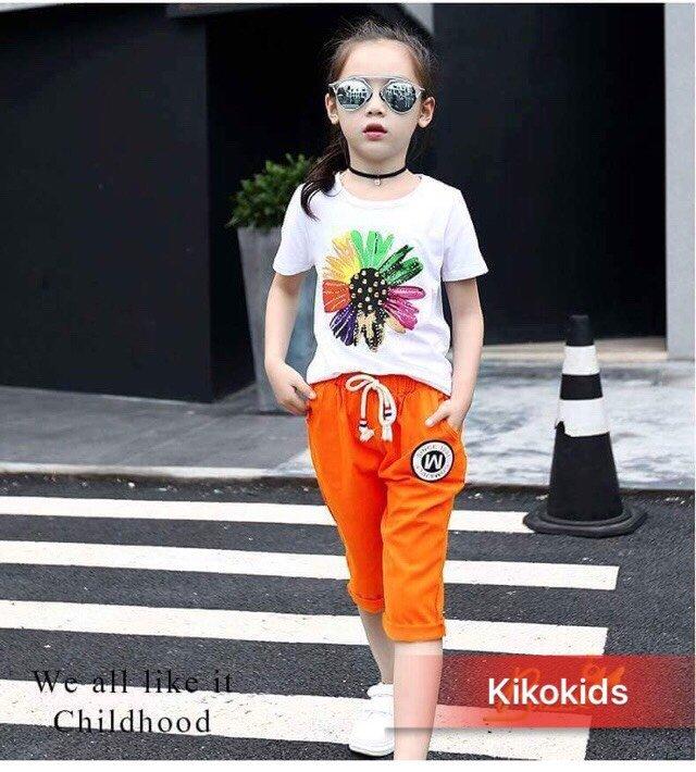 Bộ bé gái thể thao in hoa, bộ coton bé gái