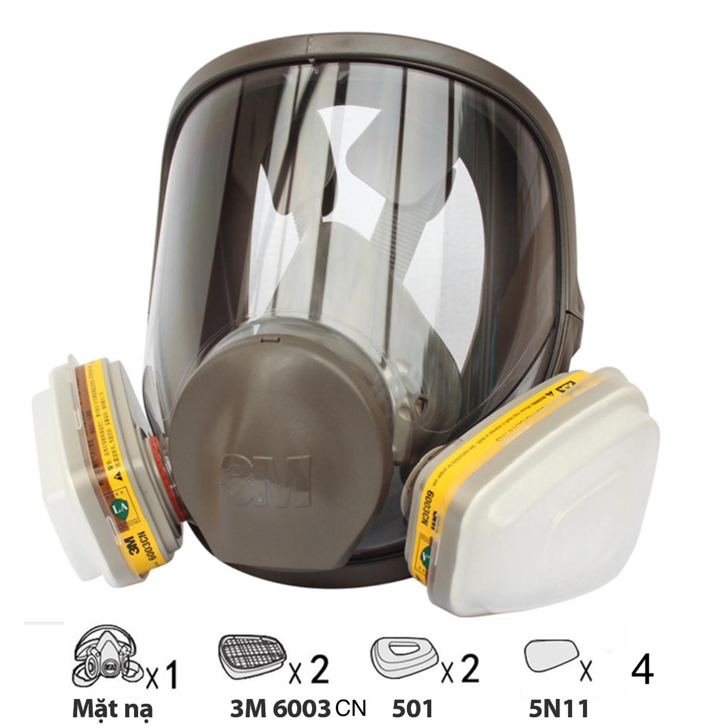 Bộ mặt nạ phòng độc 3M 6800 + Phin lọc 3M 6003CN mặt nạ chùm toàn mặt 3M 6800 chống khí độc đặc biệt môi trường A xít, dùng phun sơn, phun thuốc sâu.