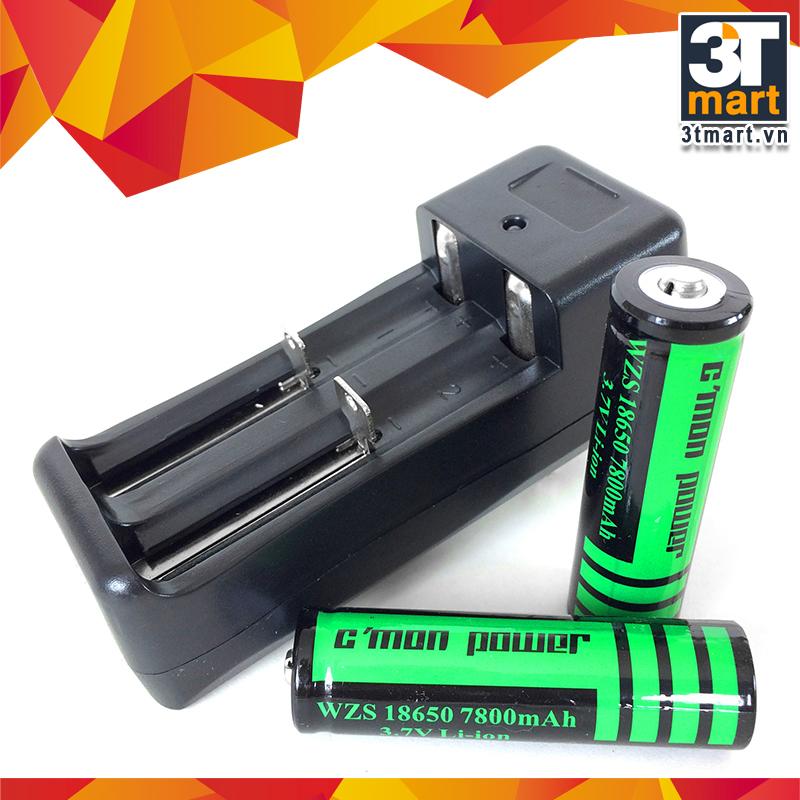 Bộ sạc đôi và 2 pin sạc li-ion 18650 CMON POWER 7800mAh 3.7V (dùng cho đèn pin - xanh lá)