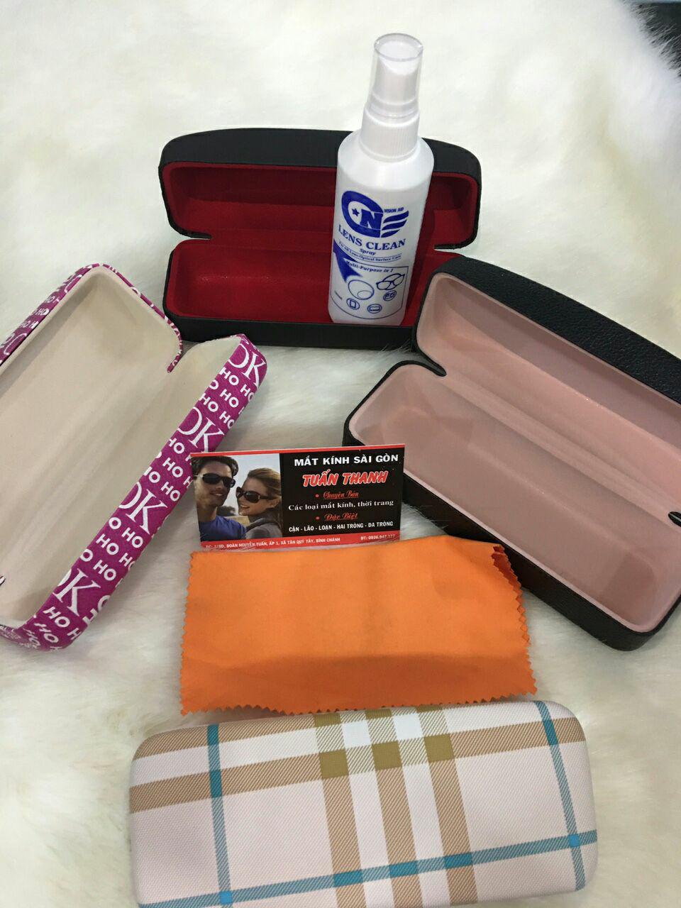 [HCM]Combo hộp đựng kính da cao cấp + khăn lau + nước rửa kính