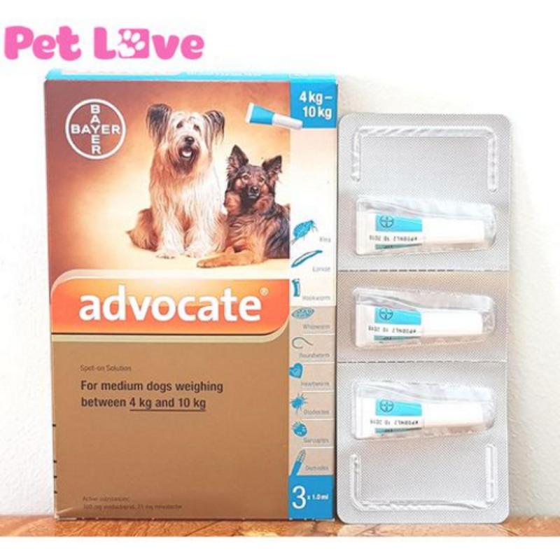 1 hộp Advocate (3 tuýp) nhỏ gáy trị giun, ghẻ, ve rận, bọ chét (chó từ 4 - 10kg)