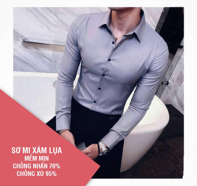 Sơ mi nam dài tay, mầu xám trơn, chất kate spandex mềm mịn chống nhăn, chống xù