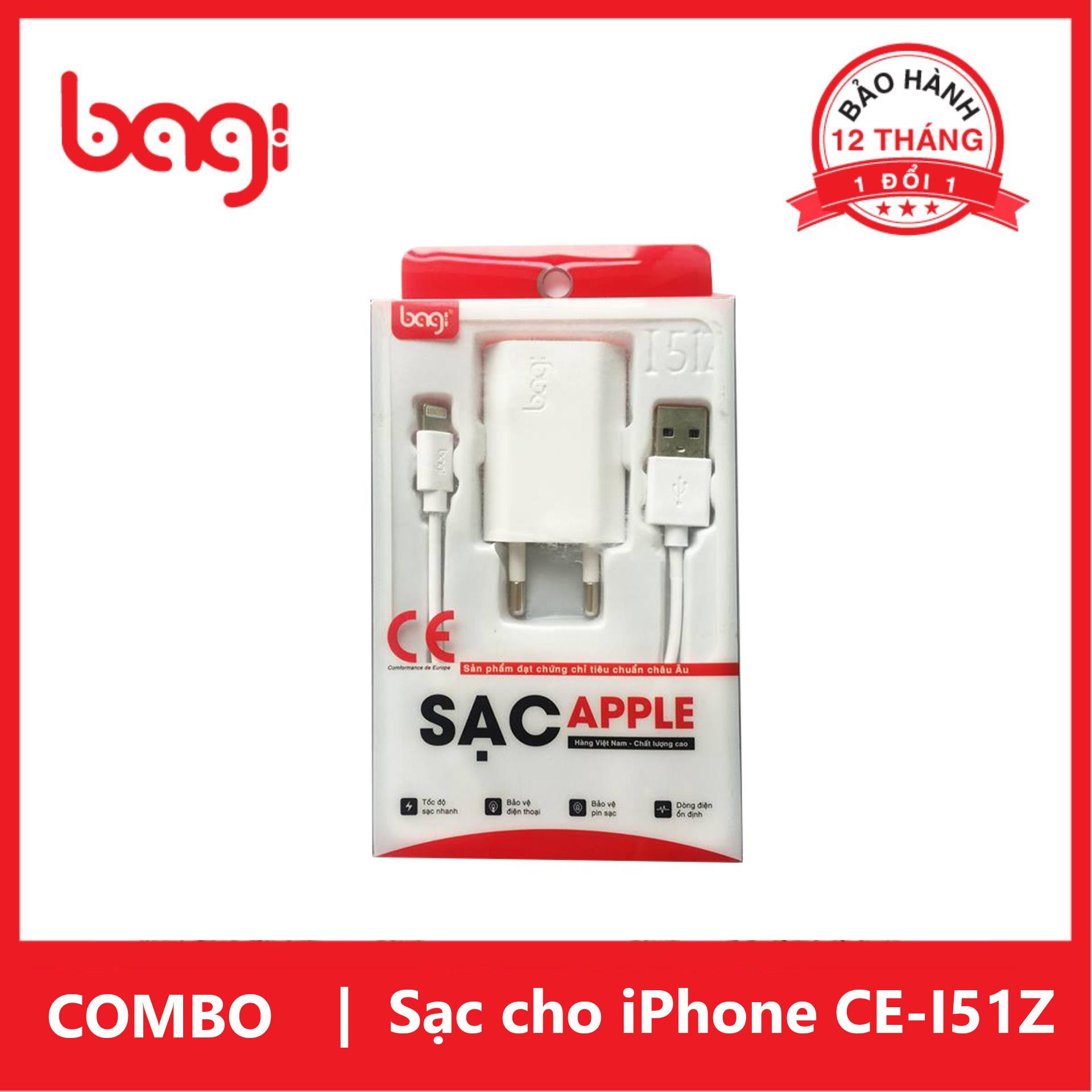 Combo sạc cho iPhone I51Z Bagi màu trắng, cáp dài 1m