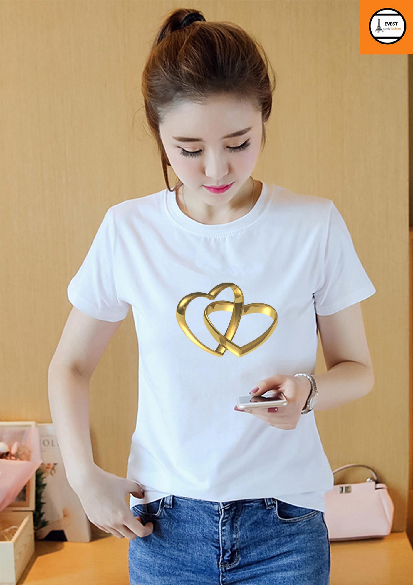 [HCM]Áo thun nữ cổ tròn in hình nhẫn đôi tinh yêu form rộng vải dày mịn AoK1740