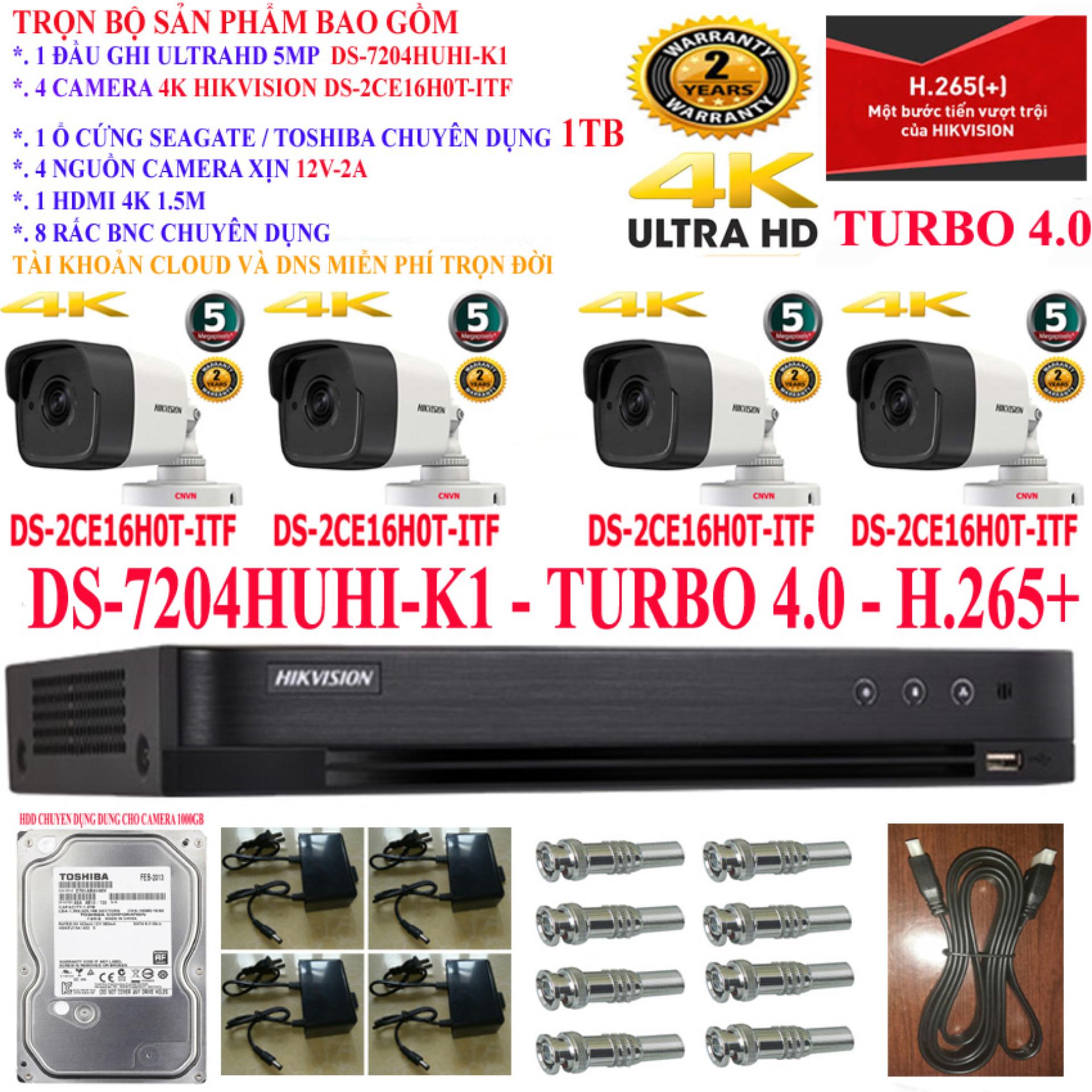 Trọn bộ 1 đầu ghi hình camera 4 kênh 4k cao cấp hikvision ds-7204huhi-k1 + 4 camera 4k ds-2ce16h0t-itf + 1 ổ cứng chuyện dụng seagate skyhawk / toshiba chuyên dụng 1000gb + 4 nguồn nhện xịn 12v + 1 hdmi + 8 rắc bnc