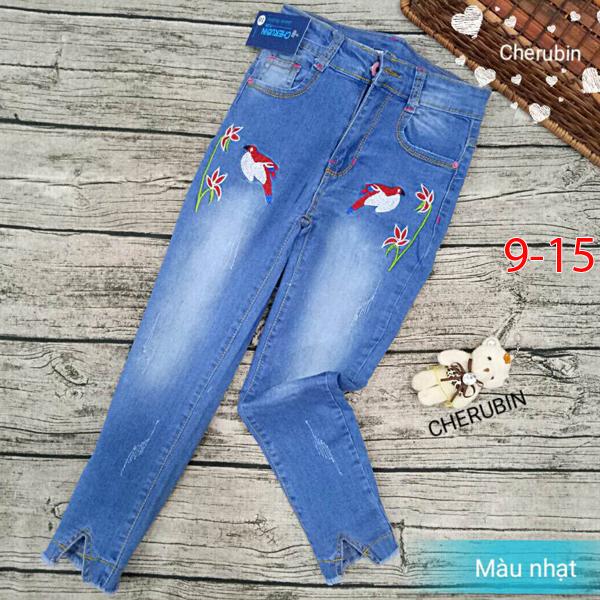 Quần jean thêu hình chim cho bé gái 5-8 tuổi