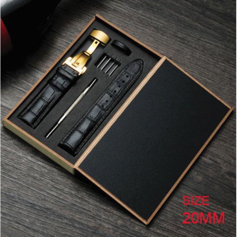 Dây đồng hồ da bò cao cấp tặng Hộp Gỗ SIZE 20mm ( Da ĐEN) kèm khóa bướm thép không gỉ 316L (VÀNG) bán chạy